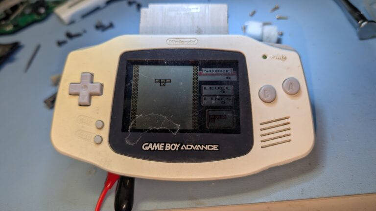 Gameboy Advance powered on with an external battery connection